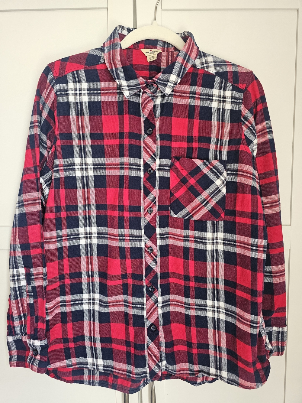 Woolrich Red Navy Plaid Tartan Flannel Button Up Size XL Gorpcore Cabincore Cozy